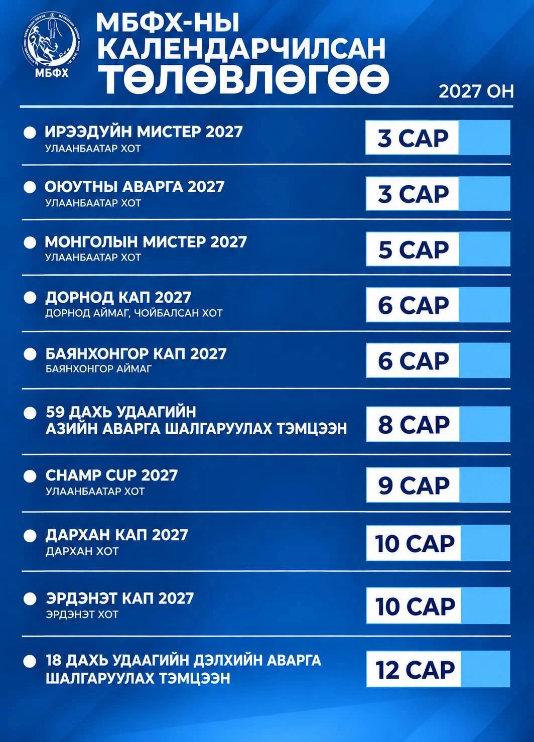 2027 оны МБФХ-ны Календарчилсан Төлөвлөгөө